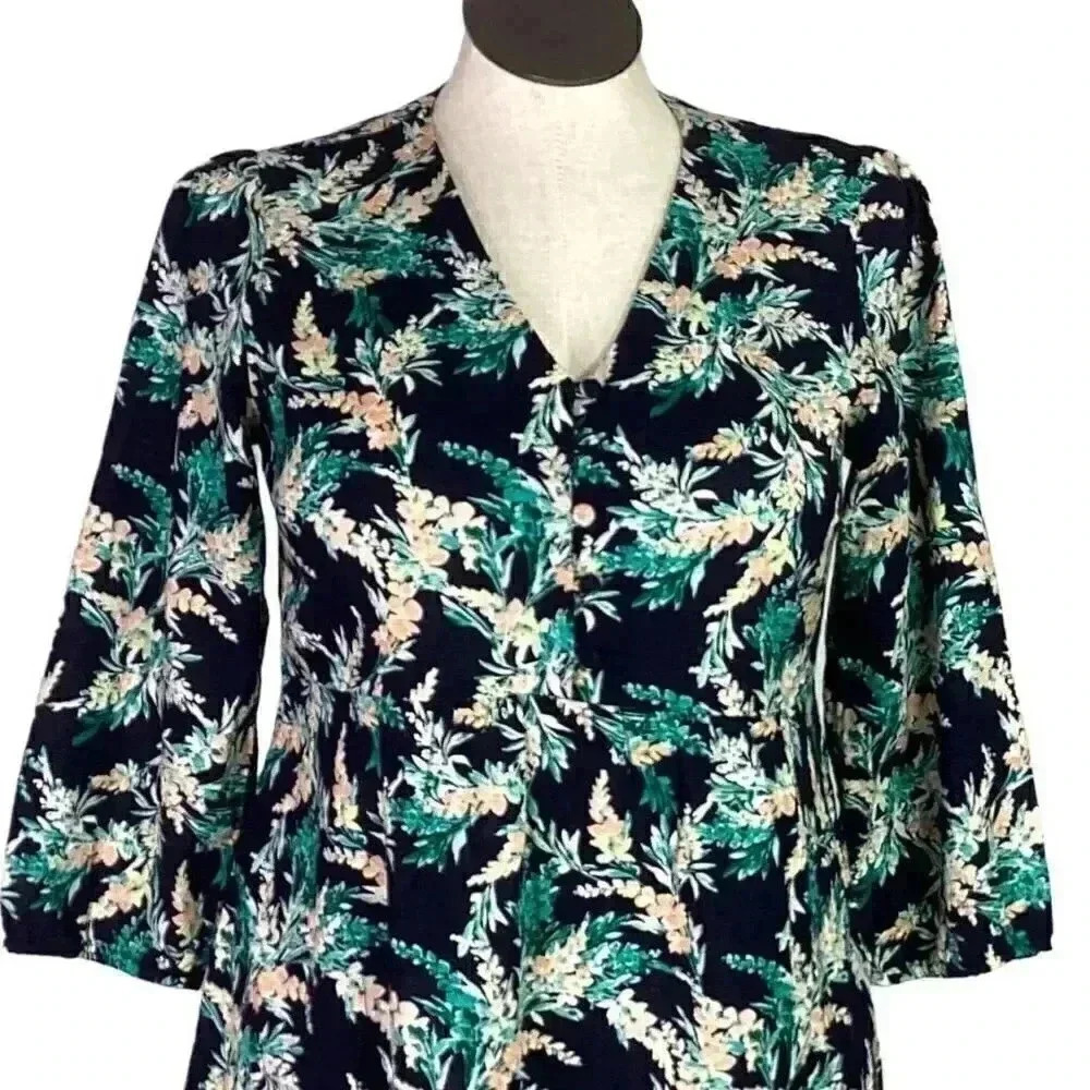 J. Jill Dress Womens S Blue Green Floral Cotton Puff Sleeve Pockets Midi - Picture 4 of 11